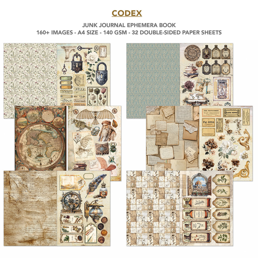 Codex 32 page Ephemera book and junk journal for scrapbooking. Featuring maps antique inventions and locks