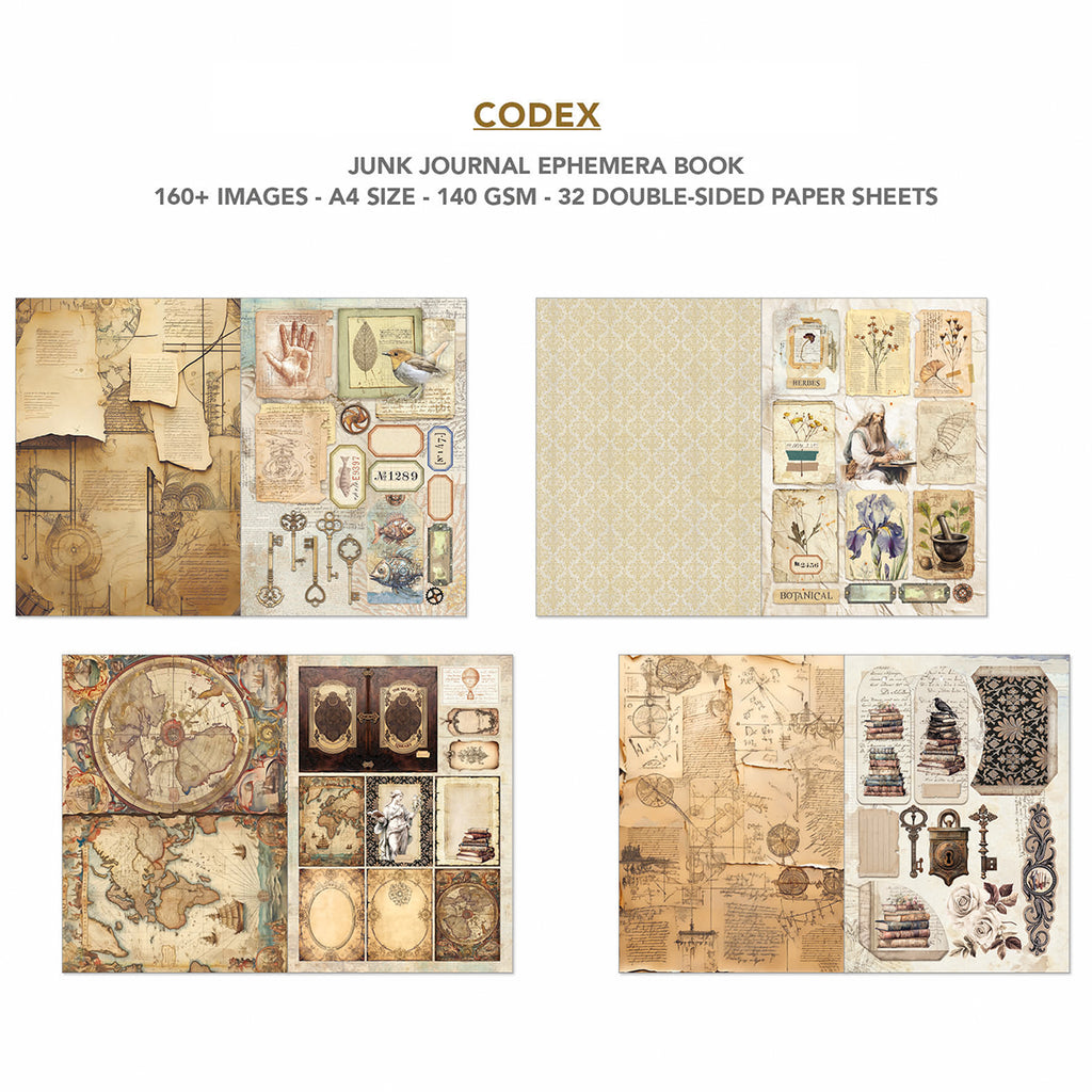 Codex 32 page Ephemera book and junk journal for scrapbooking. Featuring maps antique inventions and locks