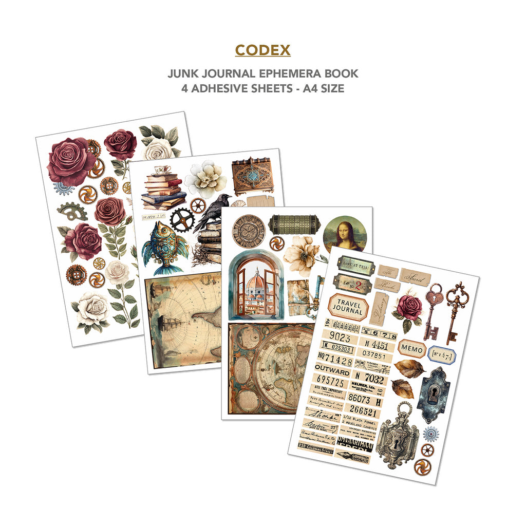 Codex 32 page Ephemera book and junk journal for scrapbooking. Featuring maps antique inventions and locks