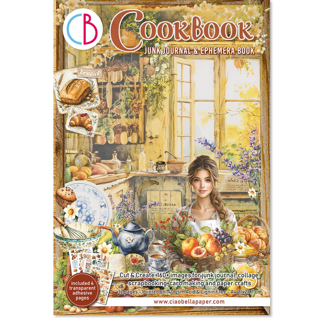 Cookbook 32 page Ephemera book and junk journal for scrapbooking. Featuring baked good recipes and kitchen scenes