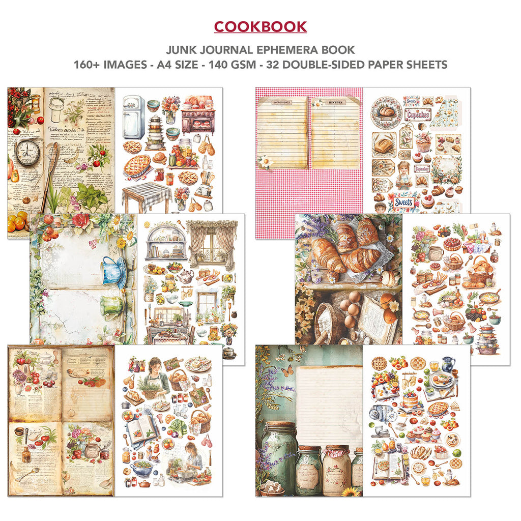 Cookbook 32 page Ephemera book and junk journal for scrapbooking. Featuring baked good recipes and kitchen scenes