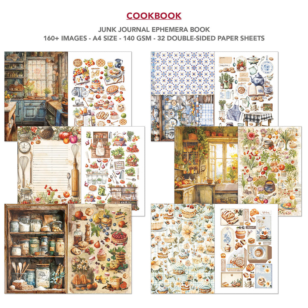 Cookbook 32 page Ephemera book and junk journal for scrapbooking. Featuring baked good recipes and kitchen scenes