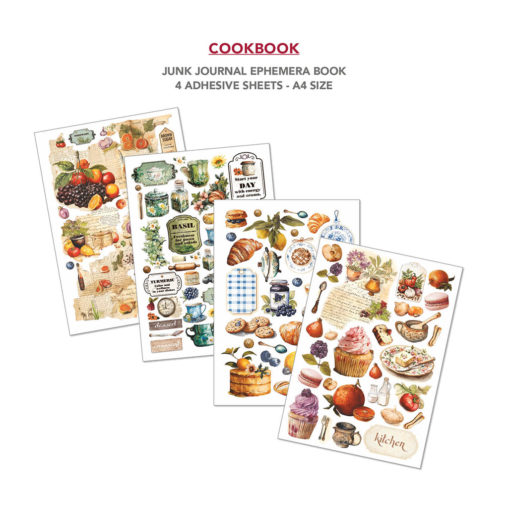 Cookbook 32 page Ephemera book and junk journal for scrapbooking. Featuring baked good recipes and kitchen scenes