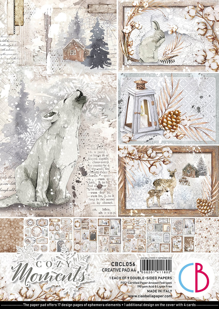 White winter scenes with White Wolf, white bunny, and deer in snow Ciao Bella  A4 Creative Pad for Decoupage and Mixed Media 