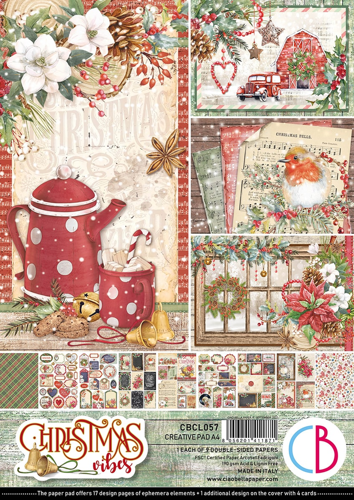 Christmas scenes with Red and white Hot Chocolate pot and cup , red trucks, Christmas music Ciao Bella  A4 Creative Pad for Decoupage and Mixed Media