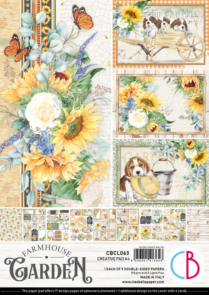 creative pad of yellow flowers and orange butterflies with brown and white puppies A4 Creative Pad for Decoupage and Mixed Media