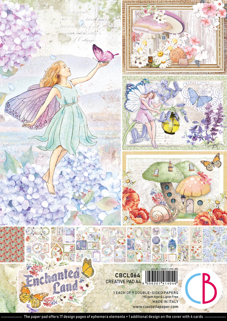 Fair girl in green dress with purple wings and purple butterfly with mushroom fairyhouses A4 Creative Pad for Decoupage, Scrapbooking
