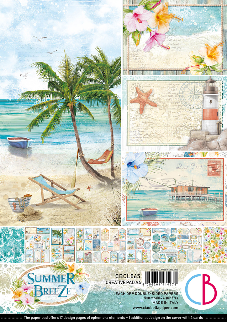 Nautical themed scene with blue ocean and green palm tree, red and white light house and brown starfish A4 Creative Pad for Decoupage, Scrapbooking