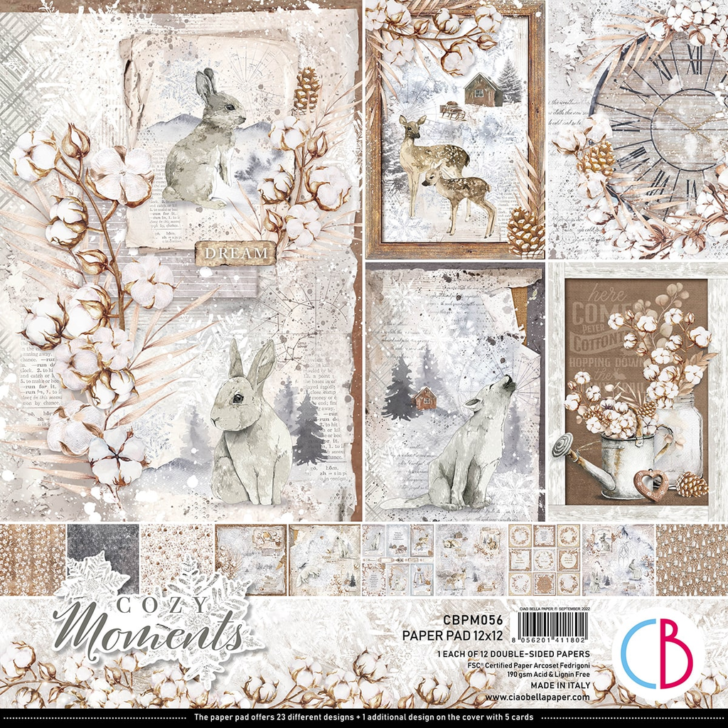 images of grey rabbits on snow and white flowers 12x12 Scrapbook Paper Pad for Decoupage