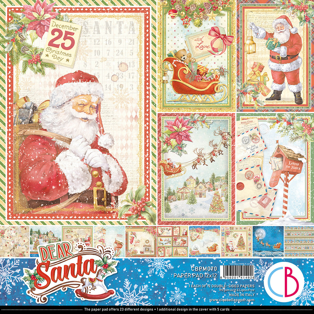 Santa Scrapbook paper in red green and blue with sleds, presents, and toys from Ciao Bella