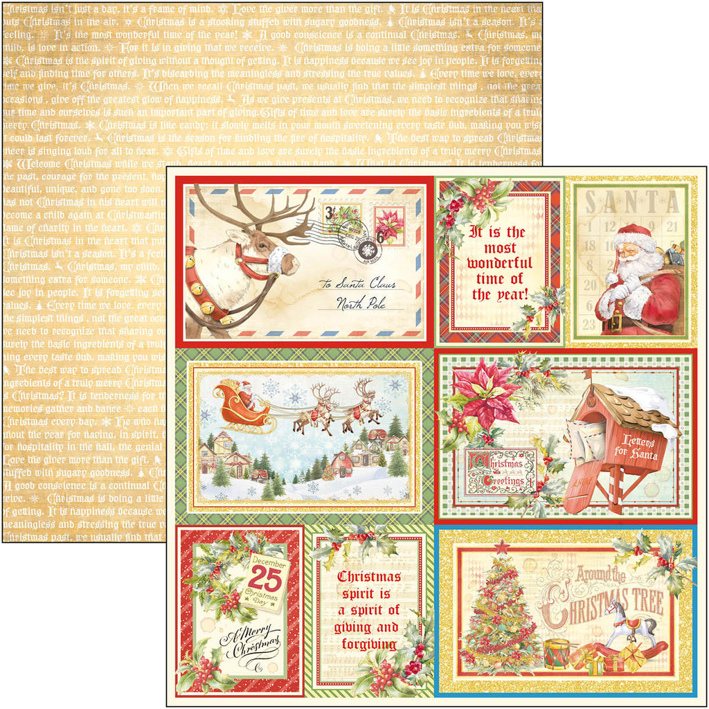 Christmas scrapbook paper of gold and green with lamps doors trees and fireplaces from Ciao Bella