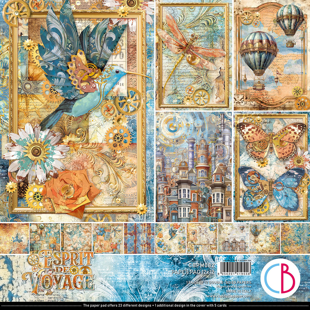 blue and rust steampunk scenes scrapbook paper from Ciao Bella