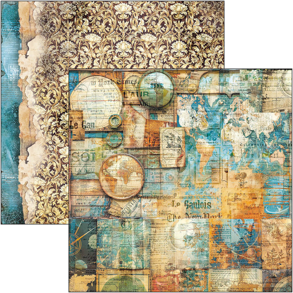 blue and rust steampunk scenes scrapbook paper from Ciao Bella