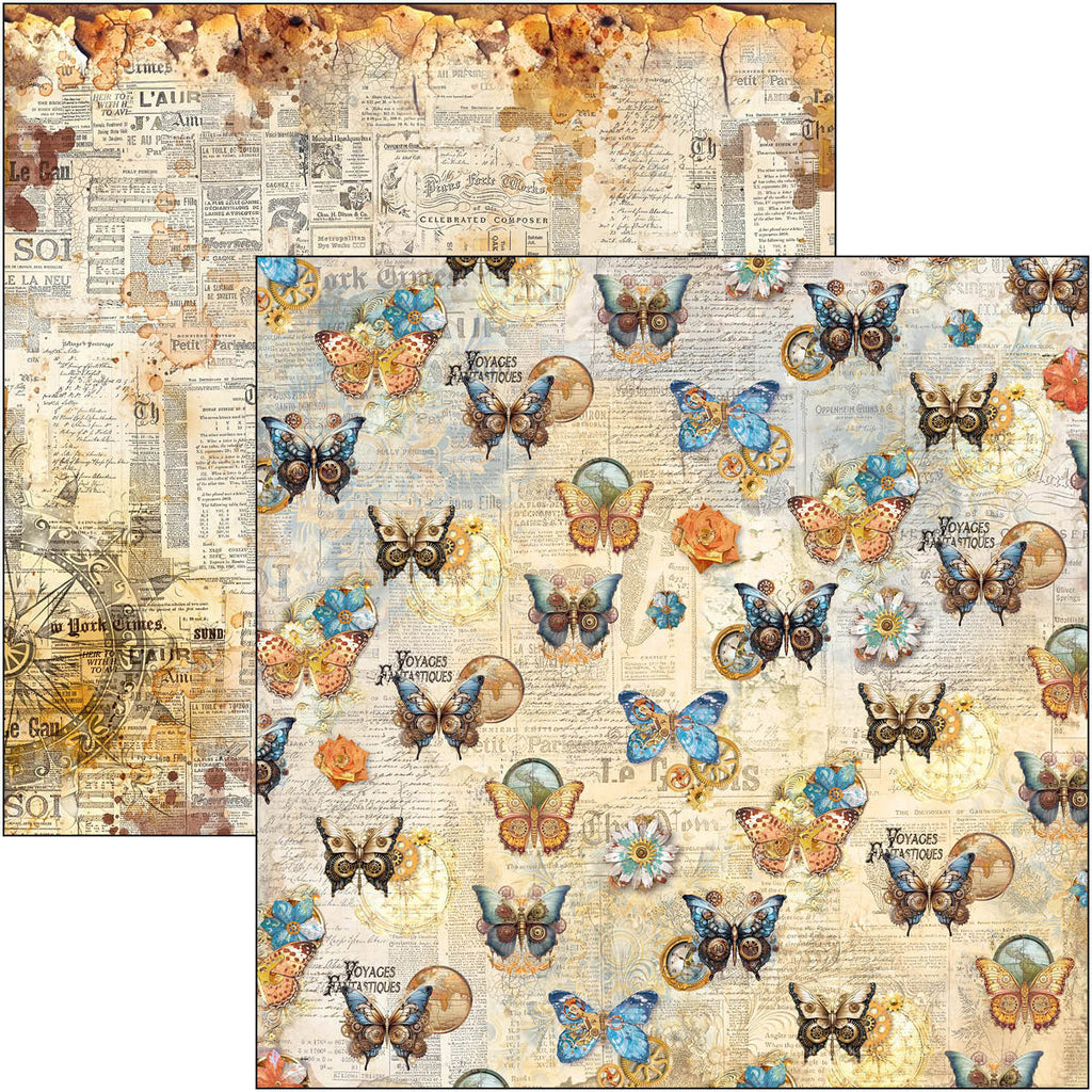 blue and rust steampunk scenes scrapbook paper from Ciao Bella