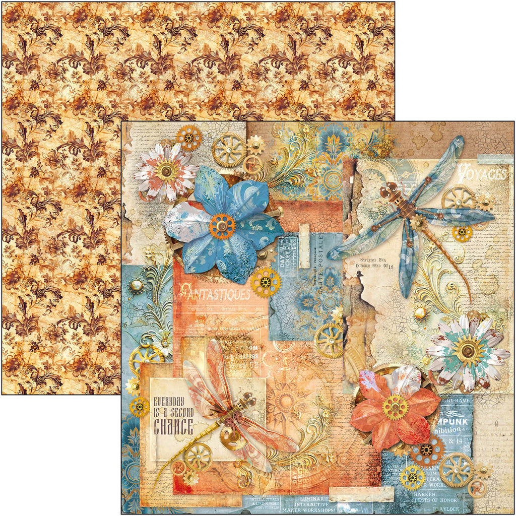 blue and rust steampunk scenes scrapbook paper from Ciao Bella