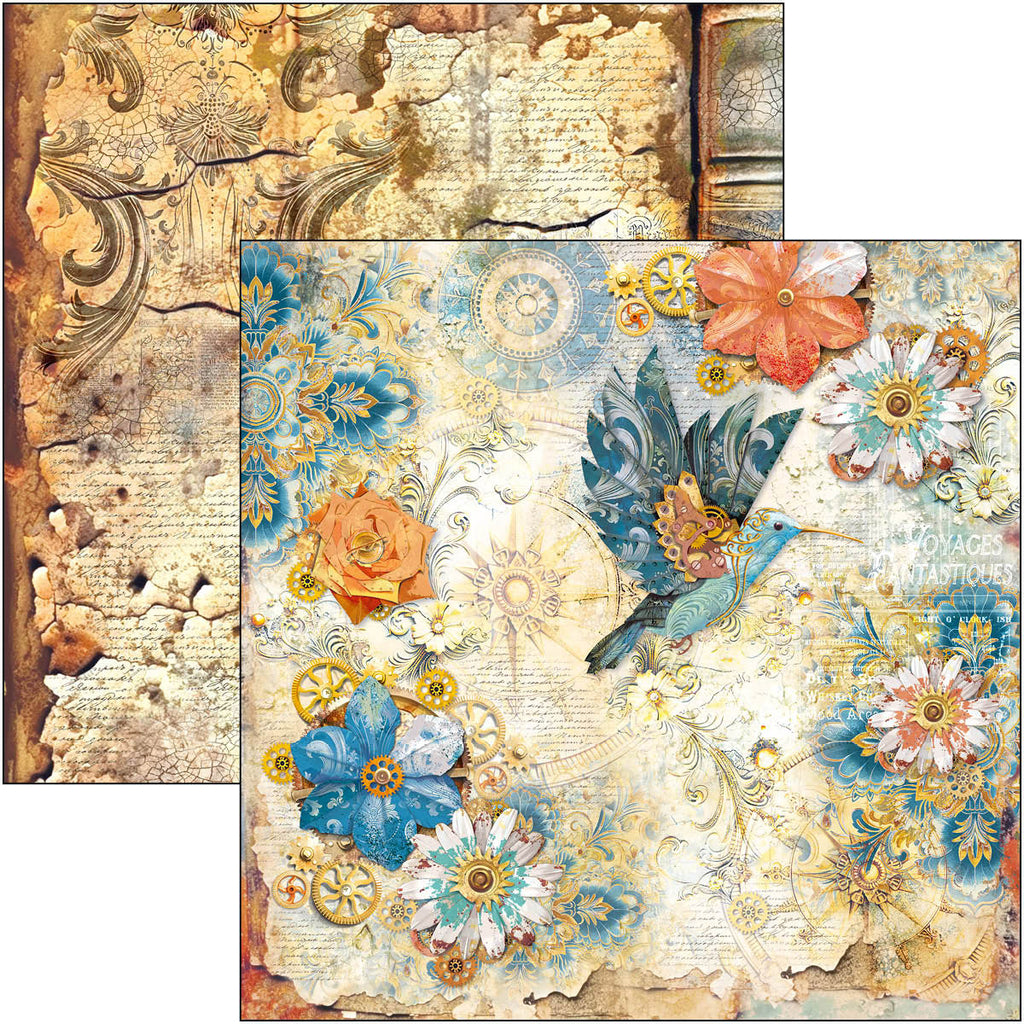 blue and rust steampunk scenes scrapbook paper from Ciao Bella