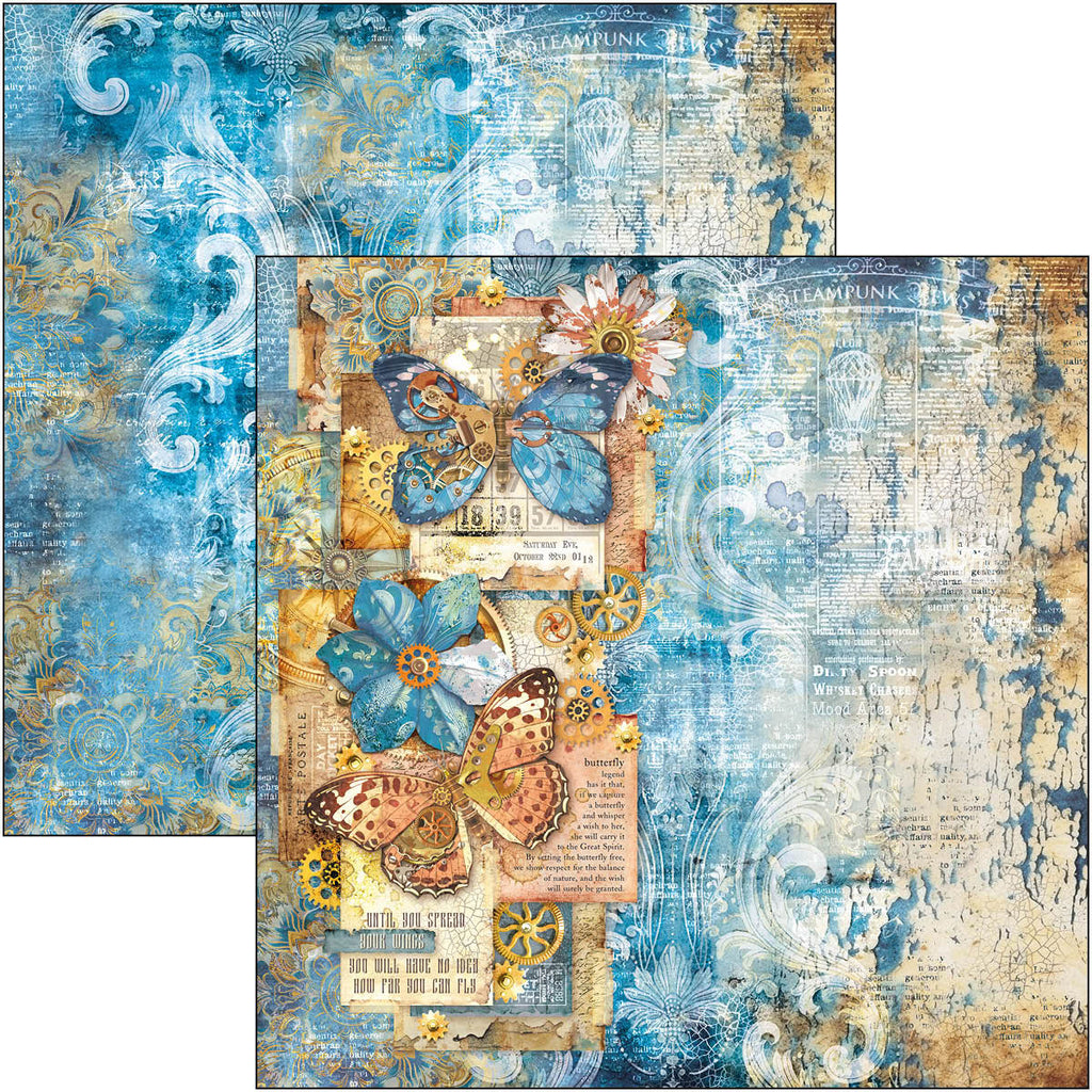 blue and rust steampunk scenes scrapbook paper from Ciao Bella