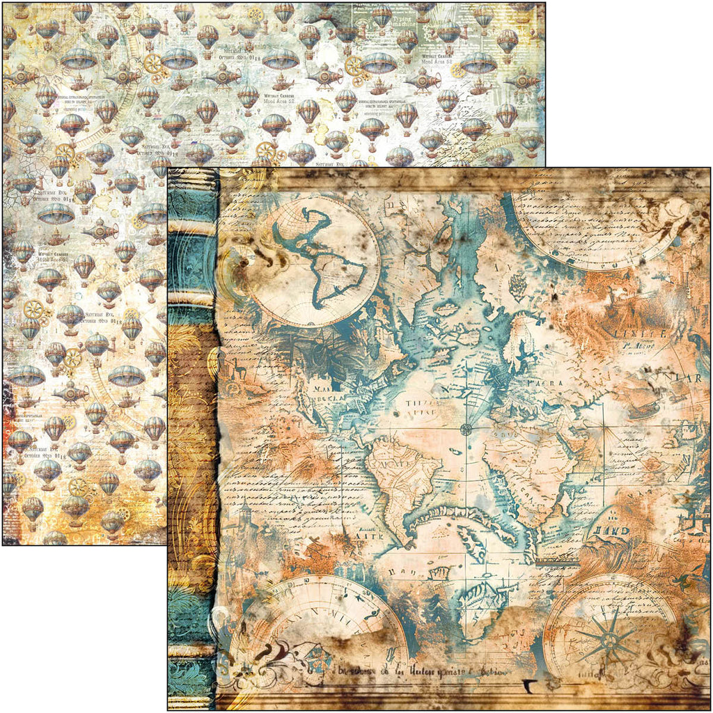 blue and rust steampunk scenes scrapbook paper from Ciao Bella