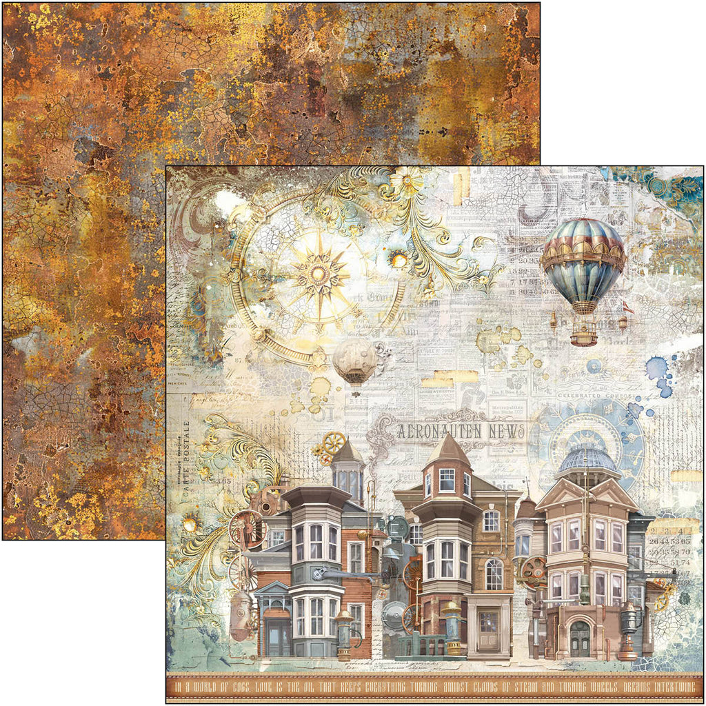 blue and rust steampunk scenes scrapbook paper from Ciao Bella