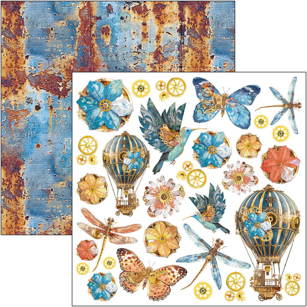 blue and rust steampunk scenes scrapbook paper from Ciao Bella