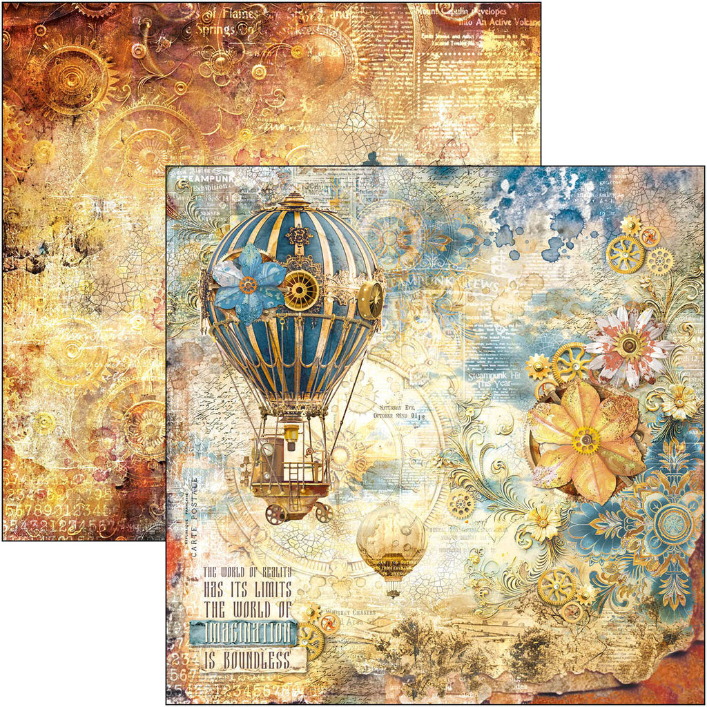 blue and rust steampunk scenes scrapbook paper from Ciao Bella