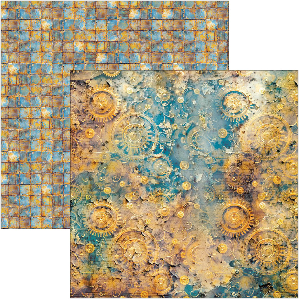 blue and rust steampunk scenes scrapbook paper from Ciao Bella