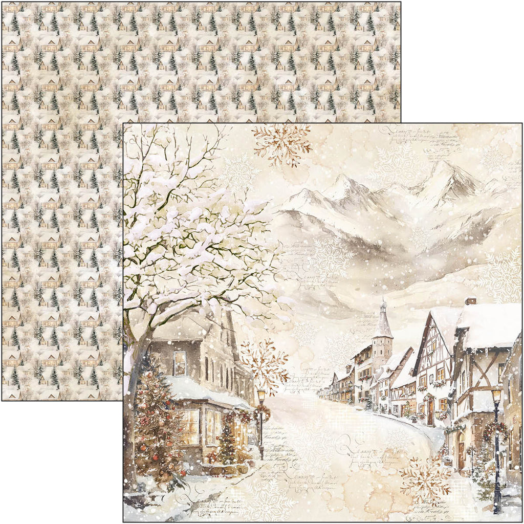 Winter scene with snow-covered trees and houses, featuring a patterned border.
