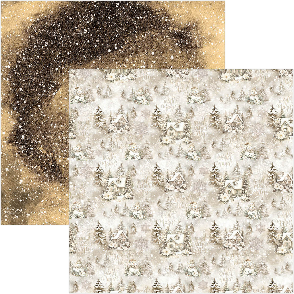 Two pieces of paper with winter-themed designs featuring trees and houses on a textured background.