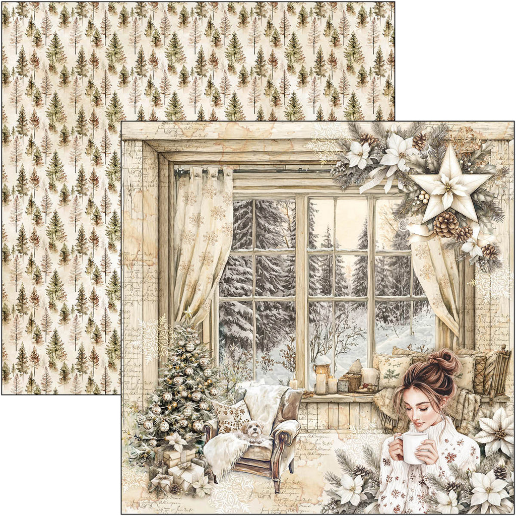 Winter scene with a woman by a window, decorated with Christmas elements.