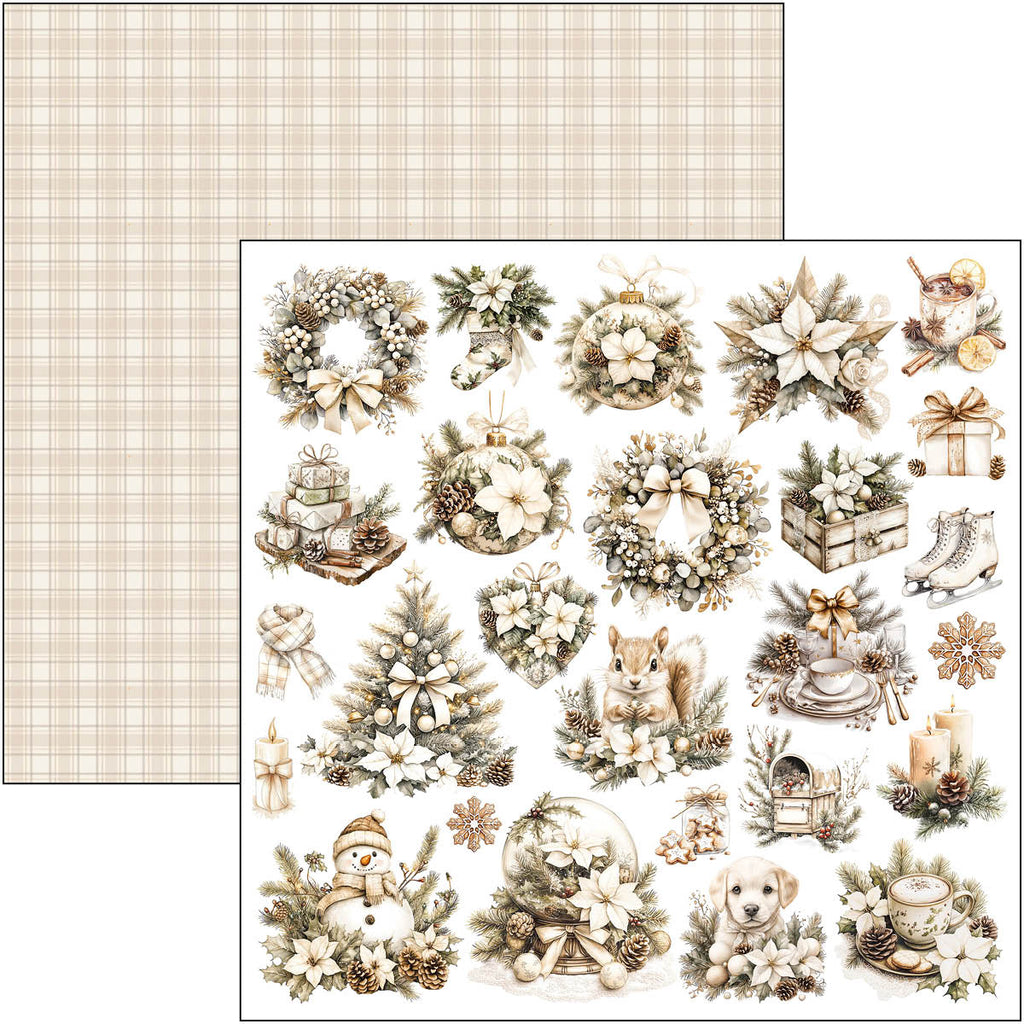 Collection of Christmas-themed illustrations on a plaid background