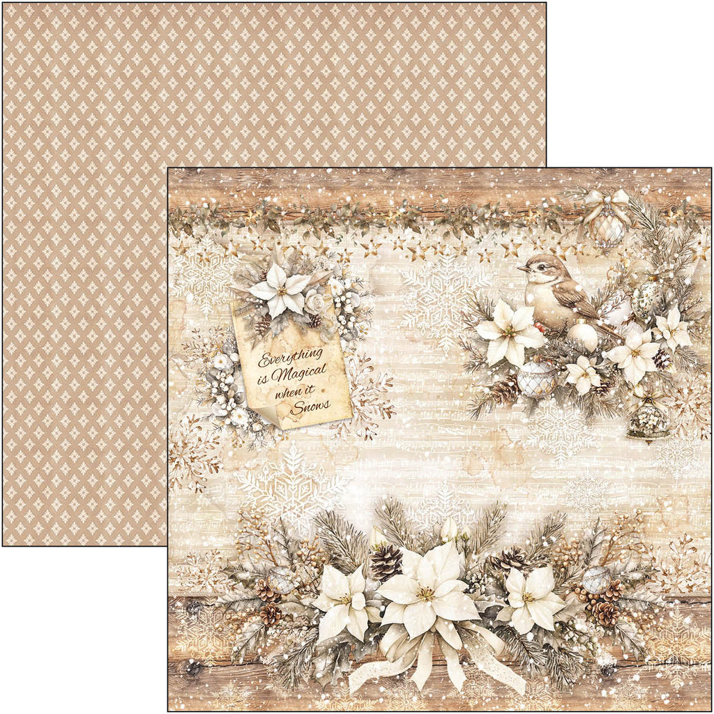Decorative paper sheet with floral design, bird, and text on a textured background