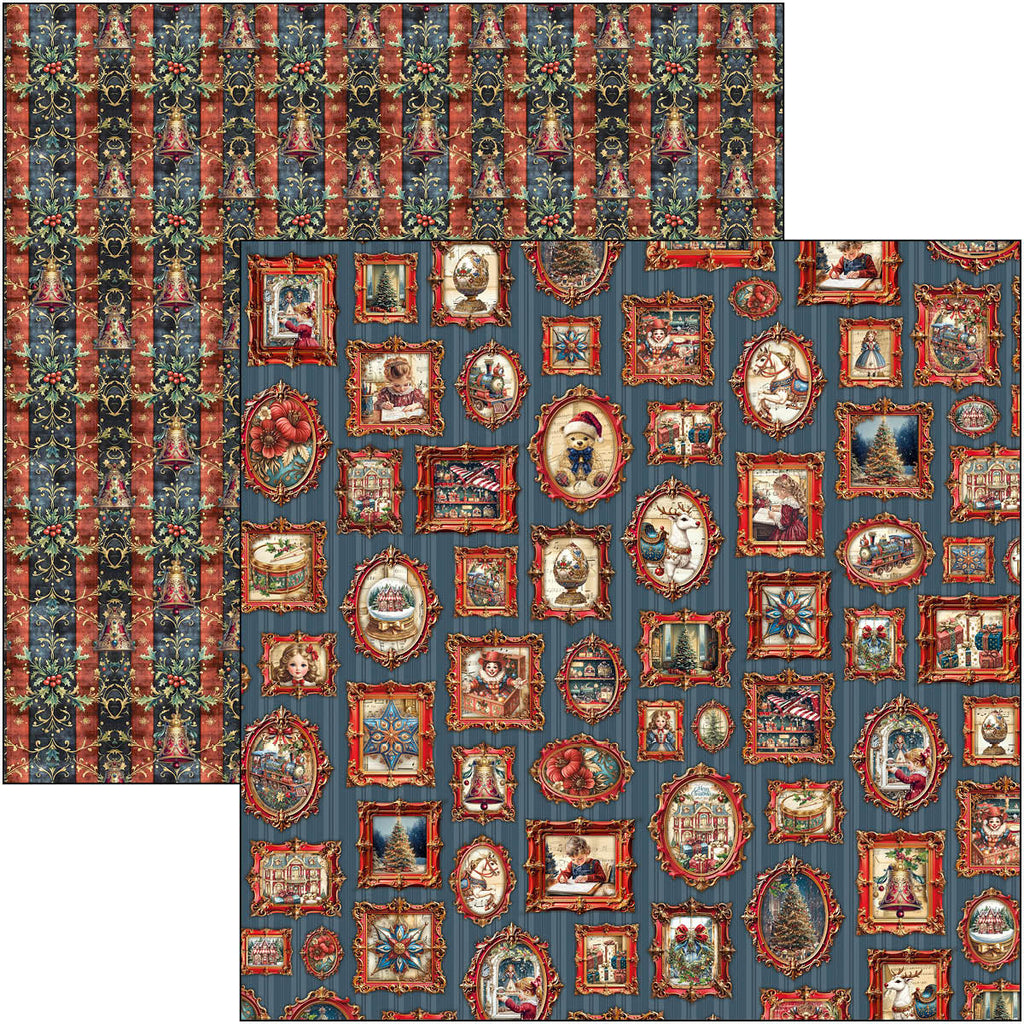 Patterned fabric with framed portrait designs on a blue background