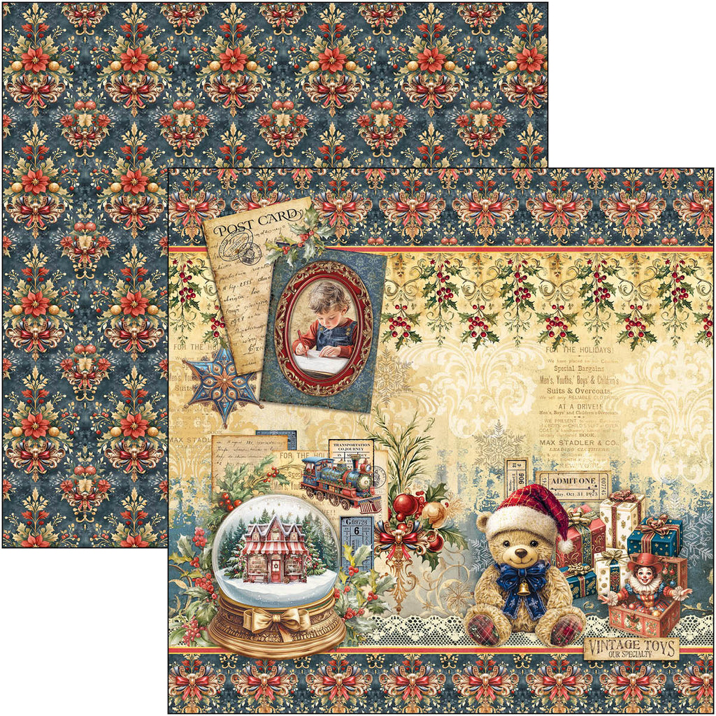 Christmas-themed paper with vintage-style designs, including a teddy bear, snow globe, and decorative elements.