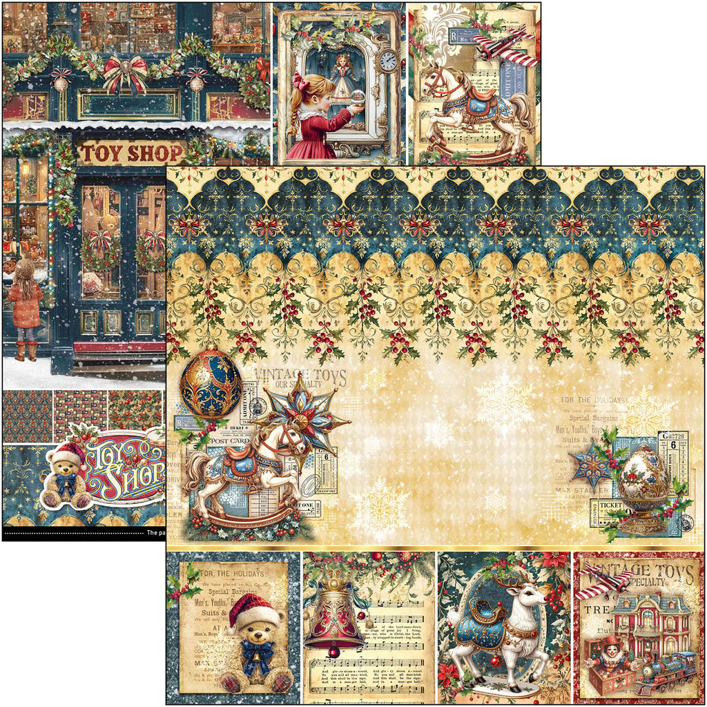 Collage of vintage-style toy shop-themed paper with decorative elements and illustrations.