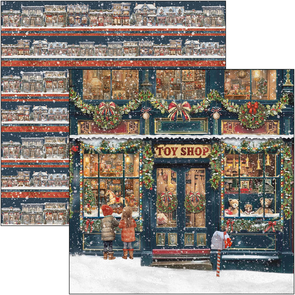 Christmas-themed paper with a toy shop and snowy scene