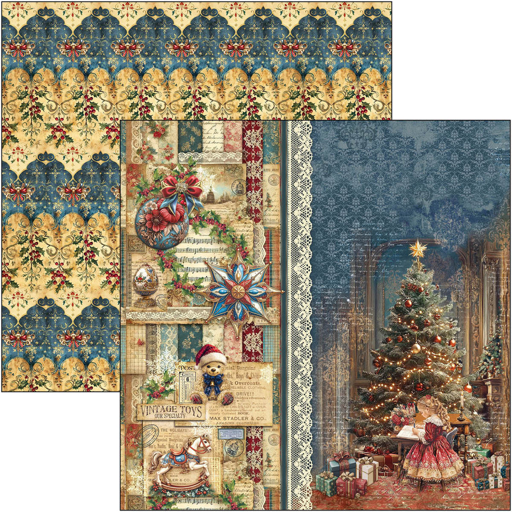 Collection of Christmas-themed paper designs with decorative elements and a scene of children around a tree.
