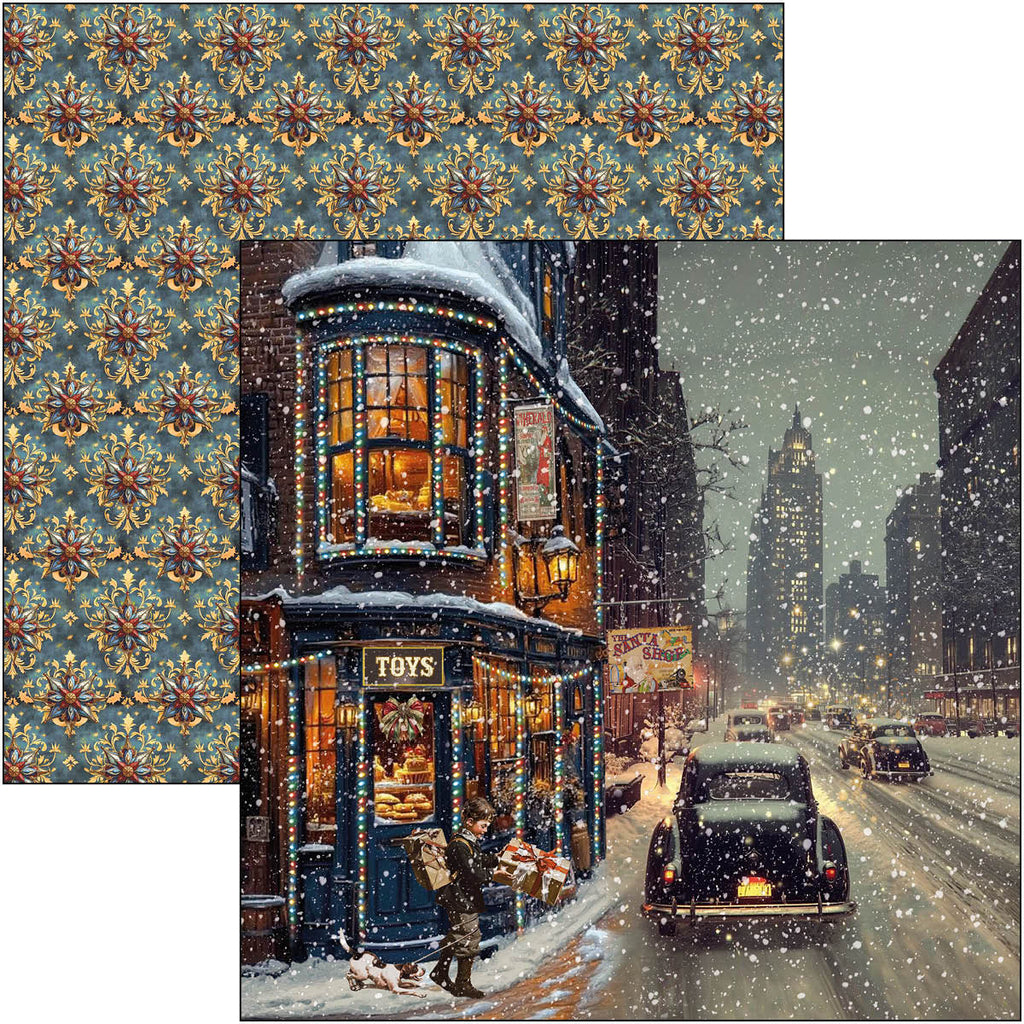 Collage of a snowy street scene with a toy store and vintage cars, featuring a decorative pattern on the left.
