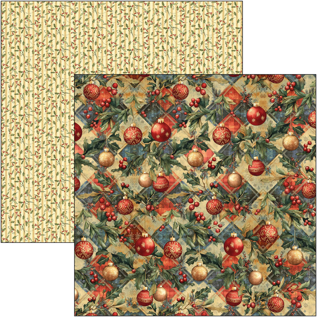 Christmas-themed paper with ornaments and holly leaves on a textured background