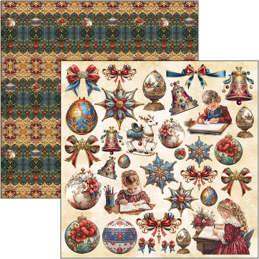 Decorative paper sheet with vintage-style Christmas ornaments, children, and patterns.