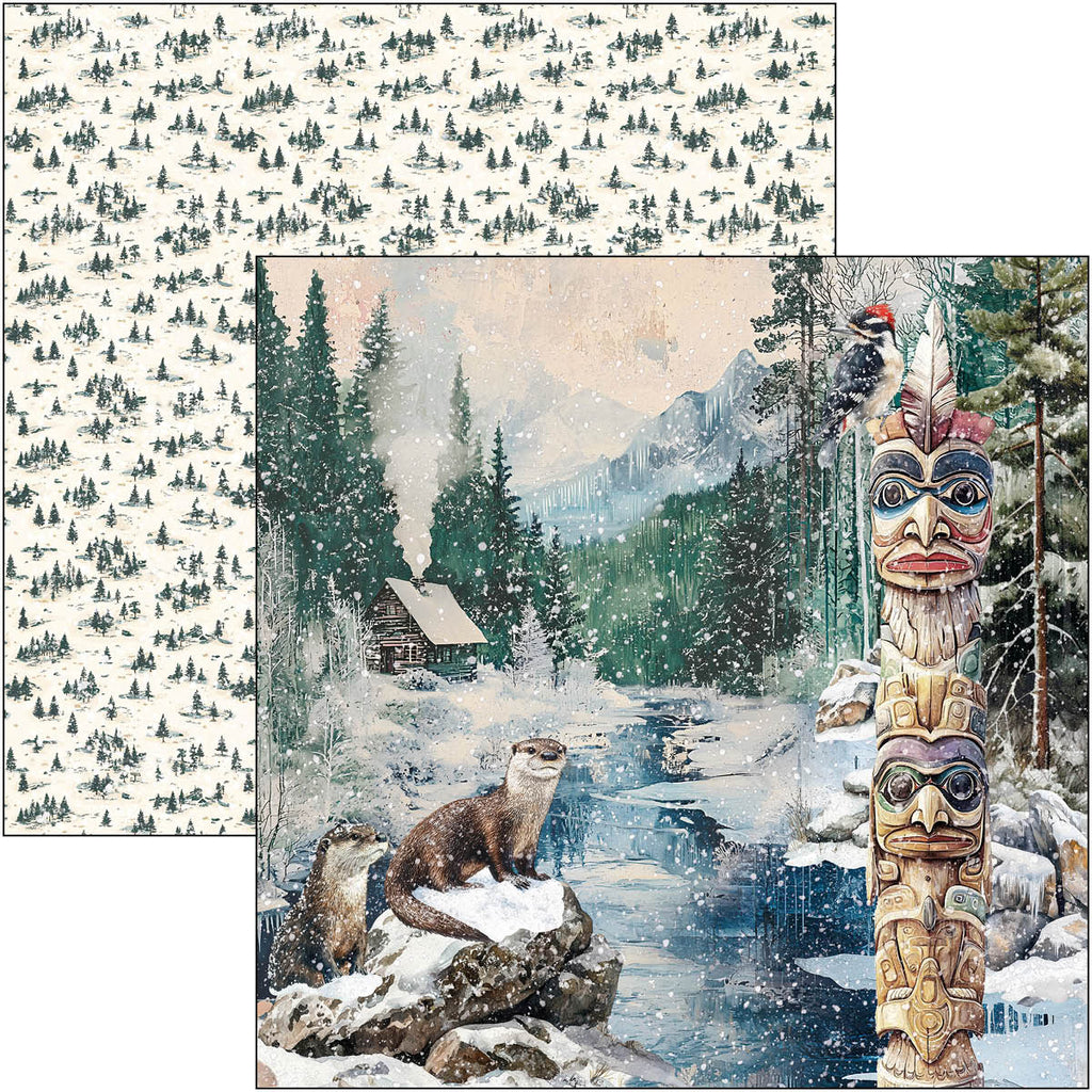 Winter landscape with a totem pole and otter, surrounded by snowy trees.