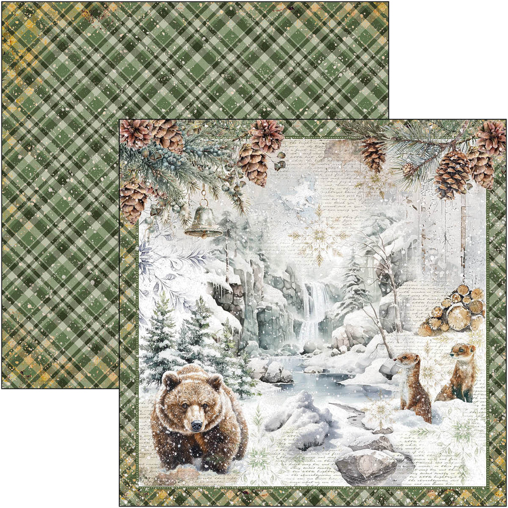 Scenic paper with a bear and winter landscape on a plaid background