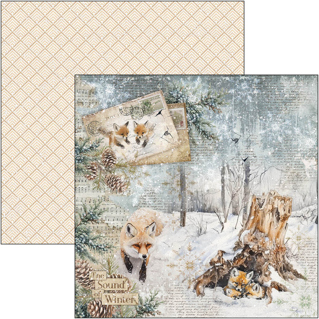 Winter-themed paper with foxes and snowy landscape, featuring a lattice pattern on the left.