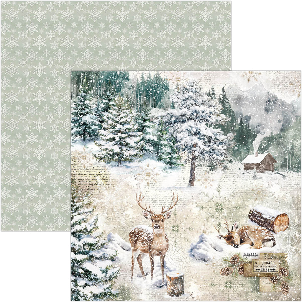 Winter scene with deer and cabin in a snowy forest, featuring a patterned background.