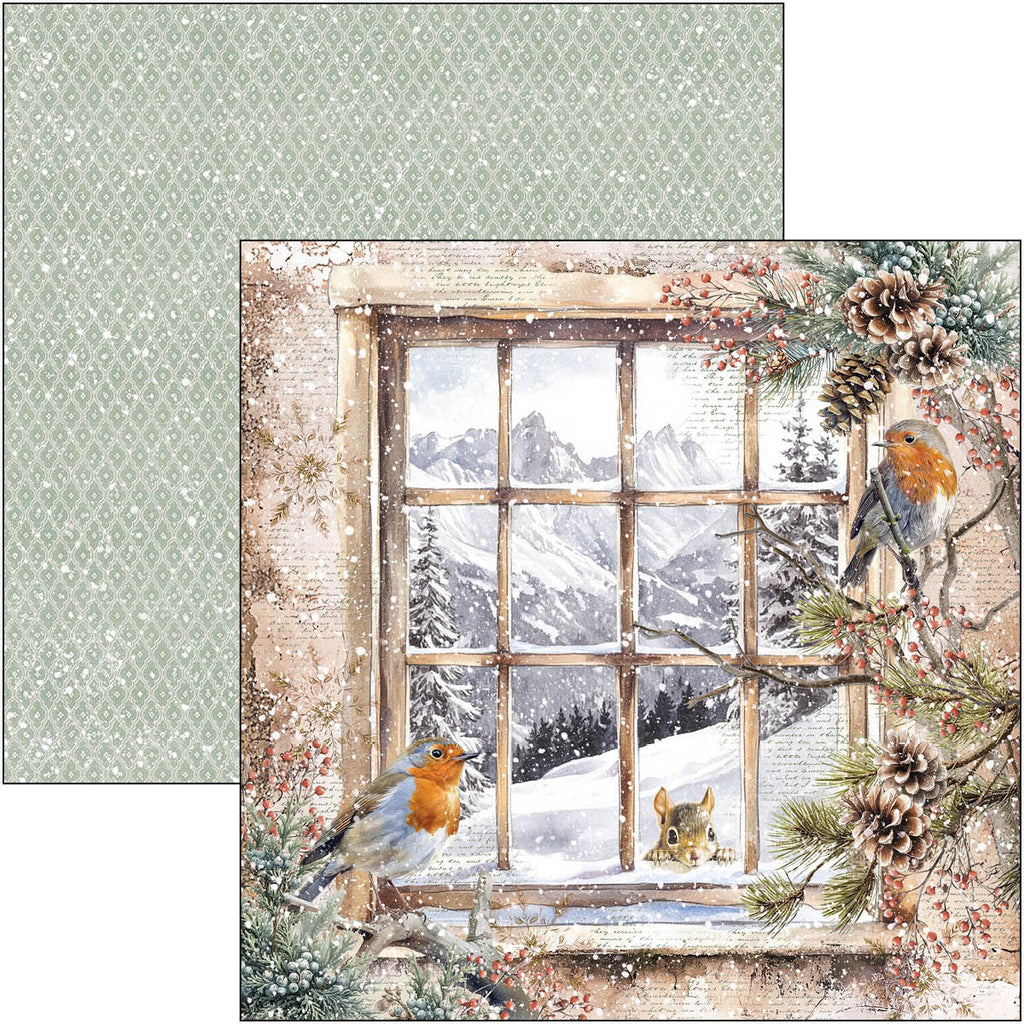 Winter scene with a window, birds, and nature elements on a textured background.