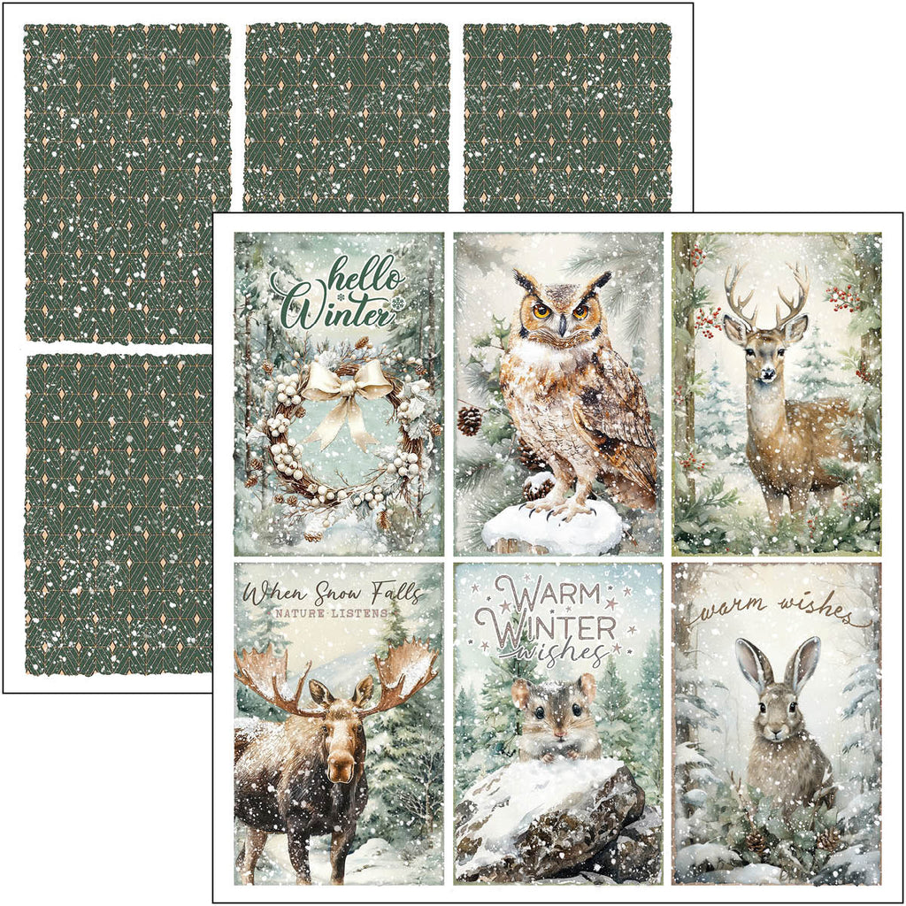 Set of winter-themed cards with animals and text in a snowy forest setting.