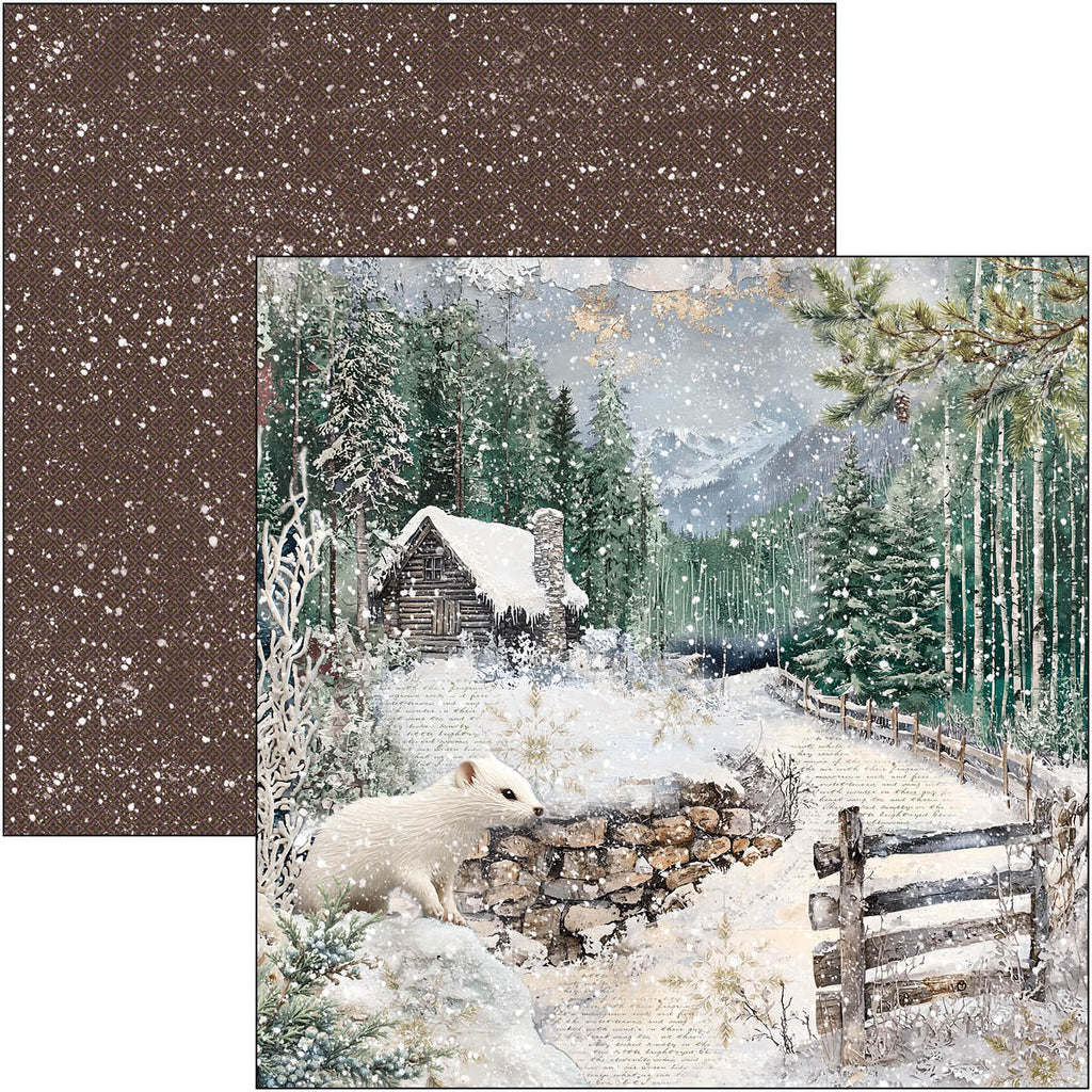 Winter scene with a cabin, polar bear, and snow-covered landscape.
