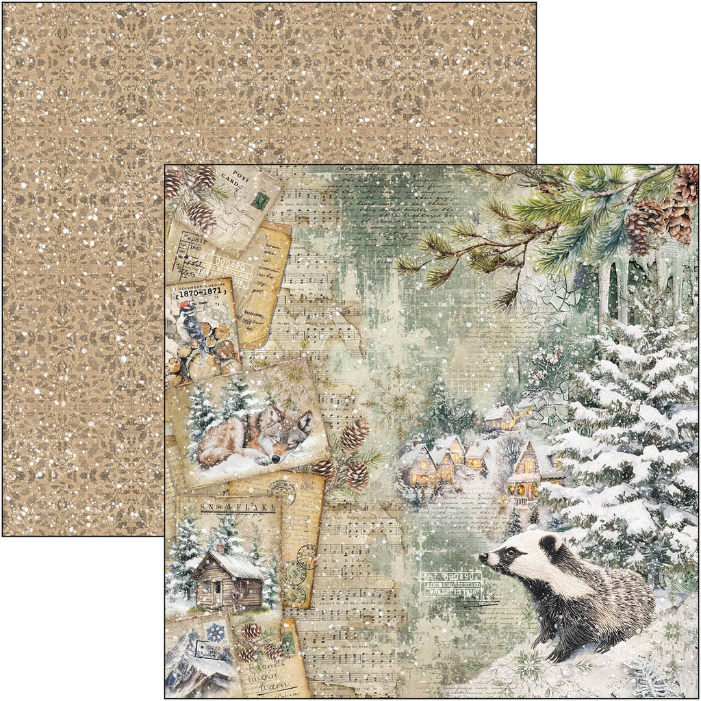 Double-sided paper with winter-themed design featuring animals and nature elements.