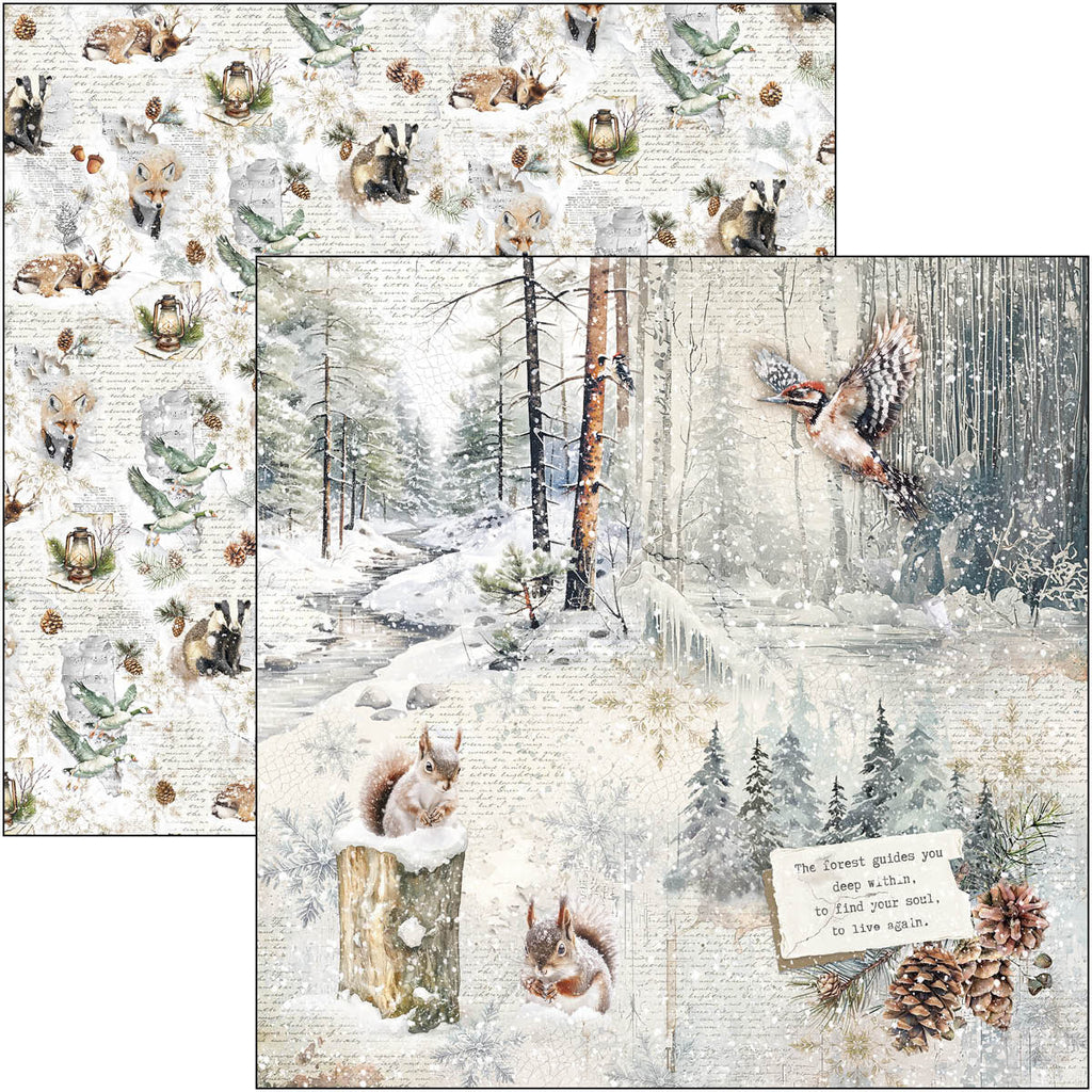 Winter forest scene with animals and text on a white background