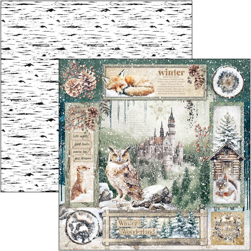 Winter-themed design with animals and text on a snowy landscape
