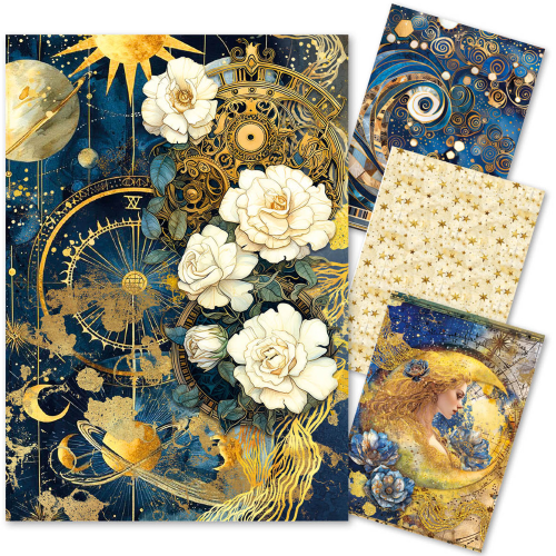 White flowers moon and gears celestial themed rice paper